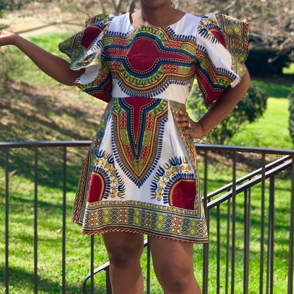 African Print Ankara Handmade White Dashiki Mini Ruffle Sleeve Dress - Picture 1 of 7